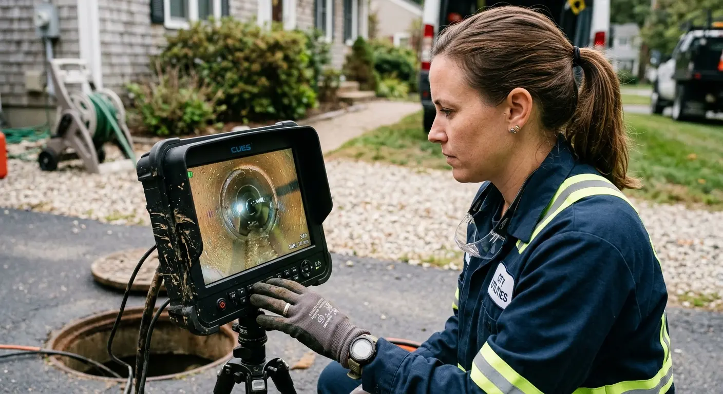 Technician reviewing sewer camera inspection footage in Ceres