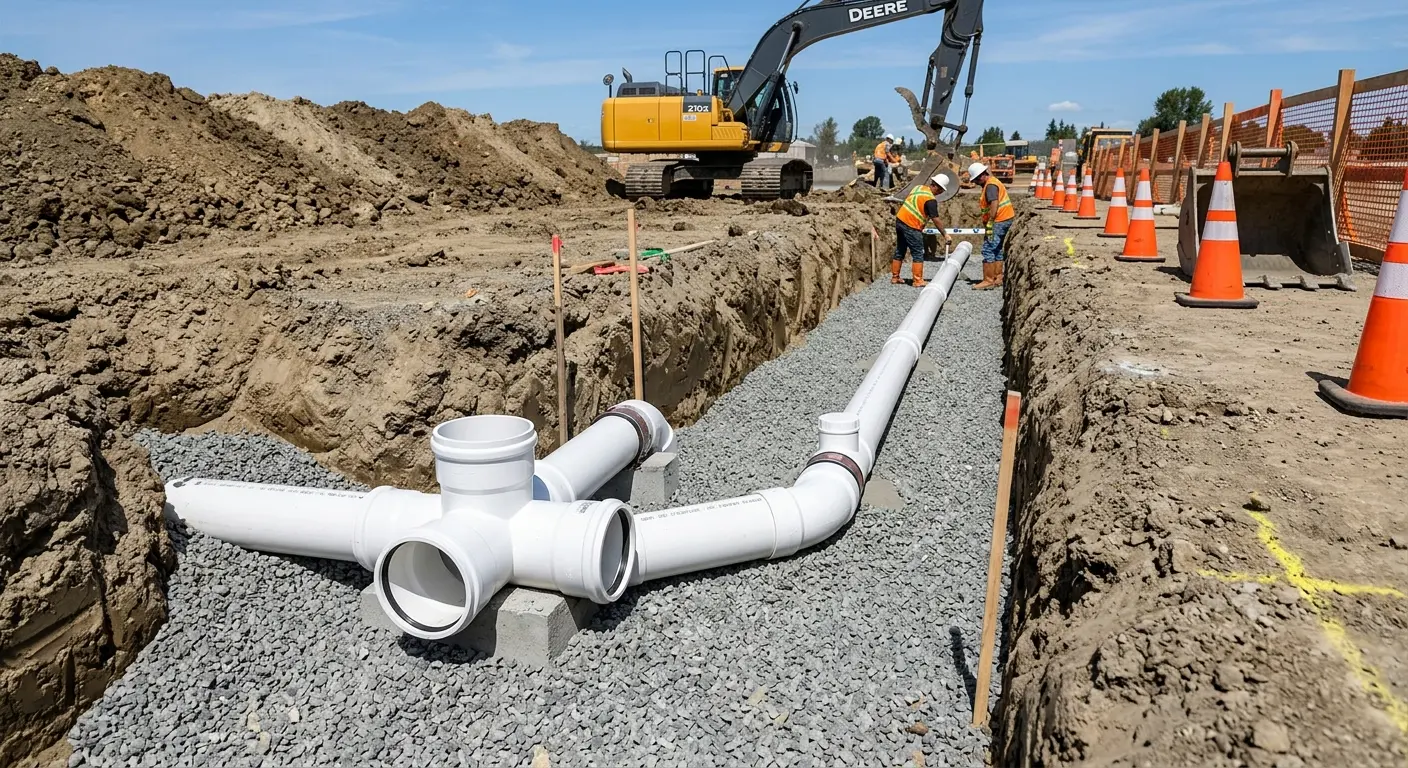 New PVC sewer pipe installation in open trench for Sewer Backup in Ceres