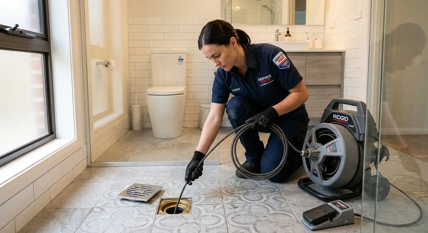 Technician clearing a bathroom floor drain for Sewer Line Installation in Ceres